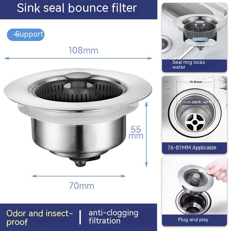 Stainless Steel Kitchen Sink Bounce Core Drain Cap Filter Net