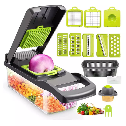 Vegetable Chopper Slicer 12 -in -1 Multi - Purpose Food Chopper/Cutter with 7 Stainless Steel Blades, Adjustable & Dicer Storage Container Egg Cutter., Grey matched light Green