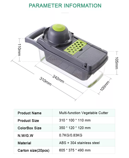 Vegetable Chopper Slicer 12 -in -1 Multi - Purpose Food Chopper/Cutter with 7 Stainless Steel Blades, Adjustable & Dicer Storage Container Egg Cutter., Grey matched light Green