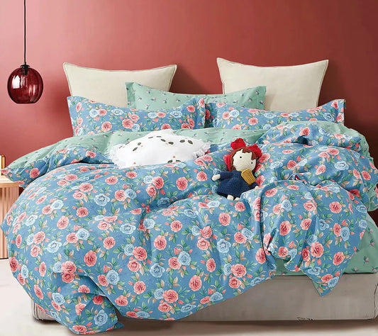 Donau Blue /Red Rose Print 100% Cotton Reversible Comforter Set