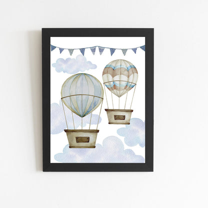 Poster "2 hot air balloons" black frame, A4 format